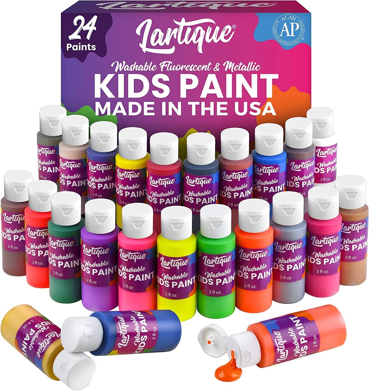 Lartique Tempera Paint Set, 24 Color Washable Paint for Kids in 2 Ounce  Bottles, Made in USA